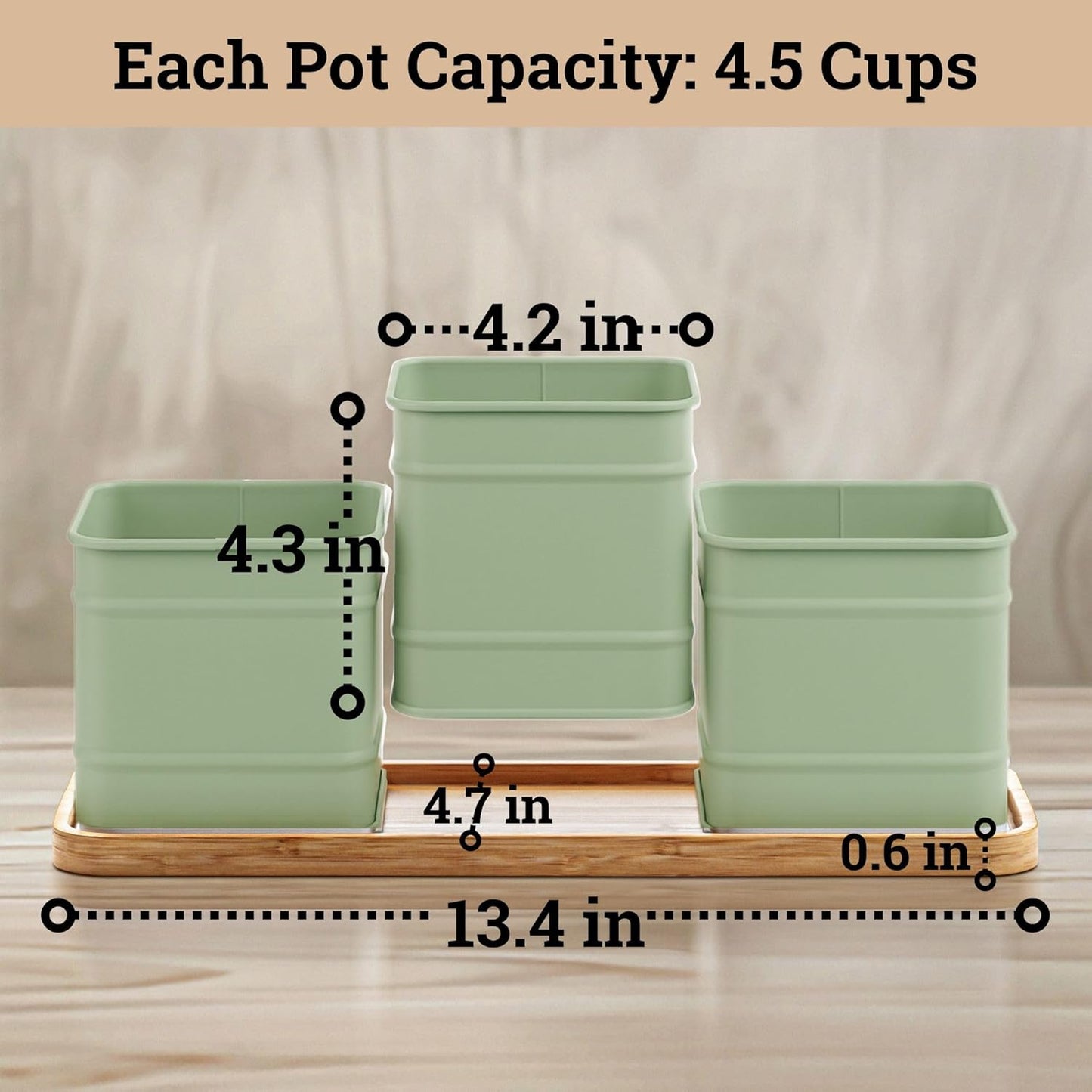 Herb Planter Indoor - 3 Iron Herb Pots with Drainage Holes, Varnished Bamboo Tray, Customizable Labels & Marker Pen - Indoor Herb Garden Planter - 3 Pots for Herbs - Inside Spice Garden - Basil Pot