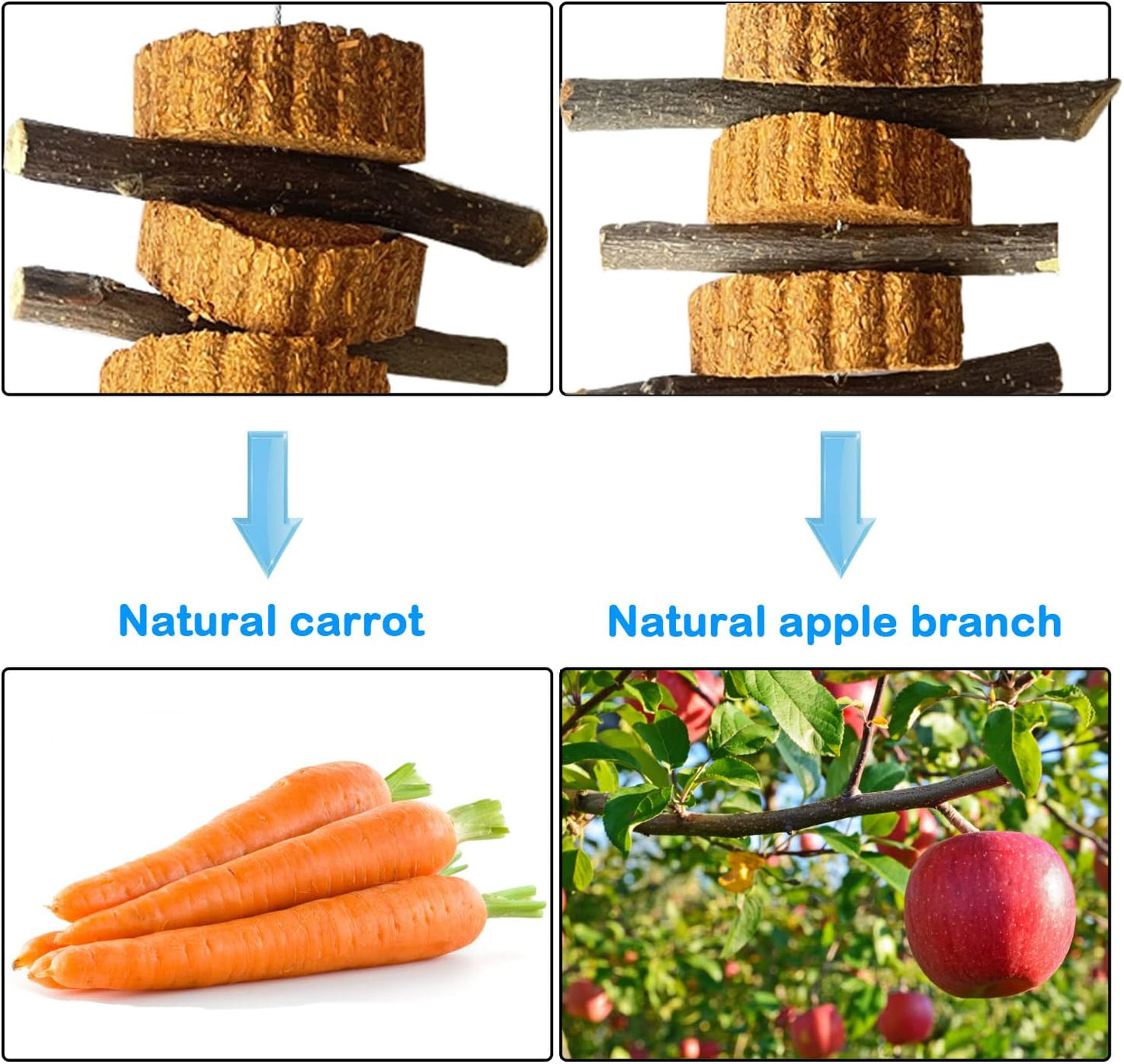 kathson Natural Small Animal Chew Toys for Teeth,4 PCS Rabbit Hanging Chewing Treats with Natural Organic Apple Stick Timothy Grass Carrot Cake for Hamsters Squirrel Guinea Pig Rabbits