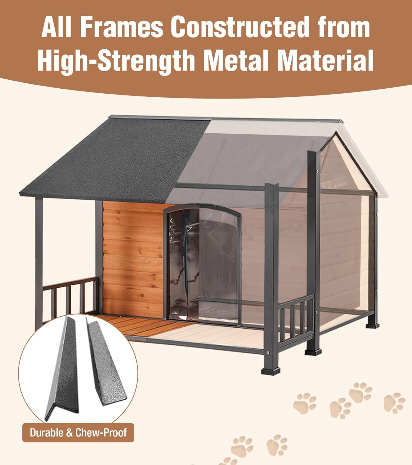 Extra Large Dog House Outdoor for Large Dogs, Insulated Dog House with Metal Frame, Waterproof Dog Shelter with Asphalt Roof, PVC Curtain & Multifunctional Patio, Indoor Outdoor Use