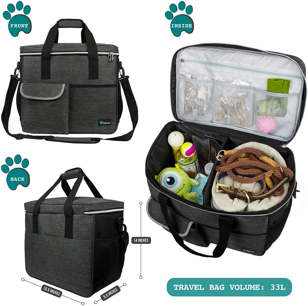 PetAmi Dog Travel Bag - Organizer with Food Container and Bowls, Supplies for Weekend Camping, Cat Diaper Bag (Charcoal, Large)
