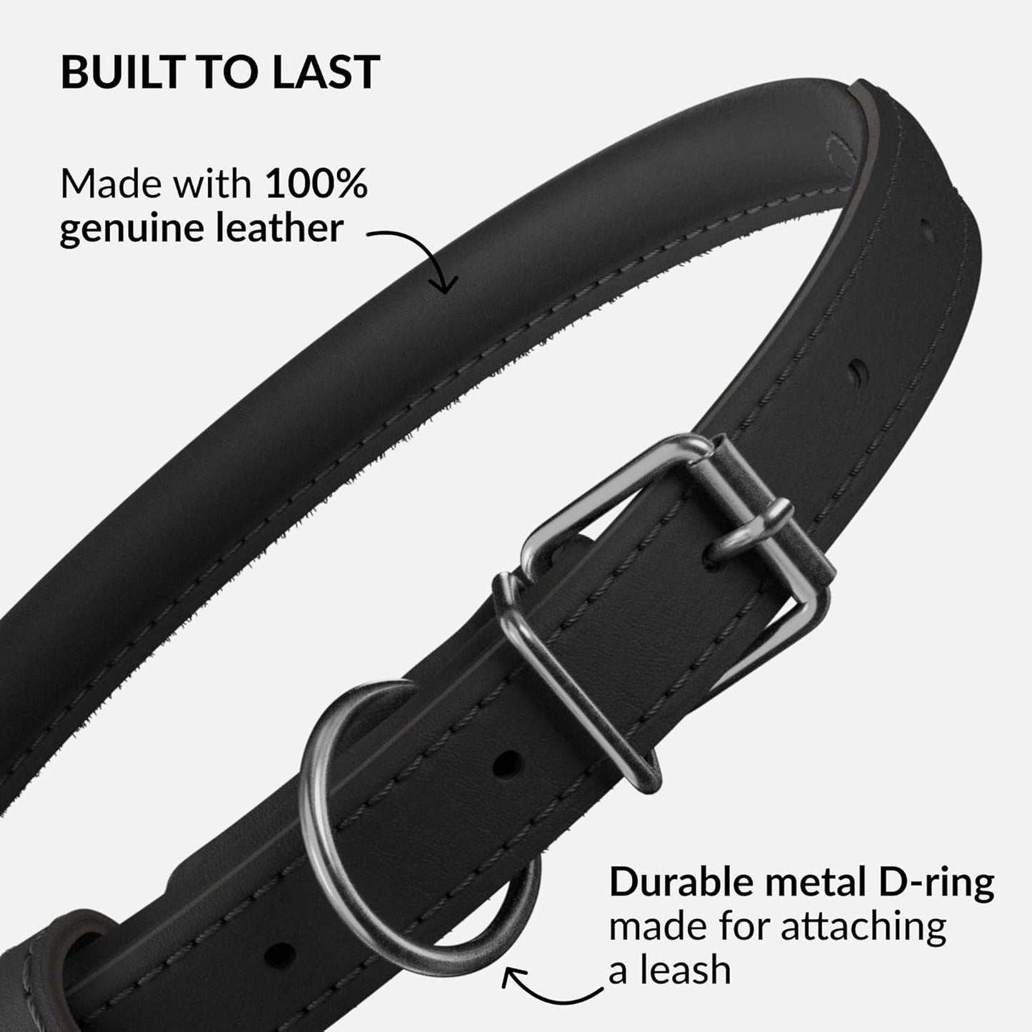 CollarDirect Rolled Leather Dog Collar, Soft Padded Round Puppy Collar, Handmade Genuine Leather Collar Dog Small Large Cat Collars 13 Colors (8-11 Inch, Black Smooth)