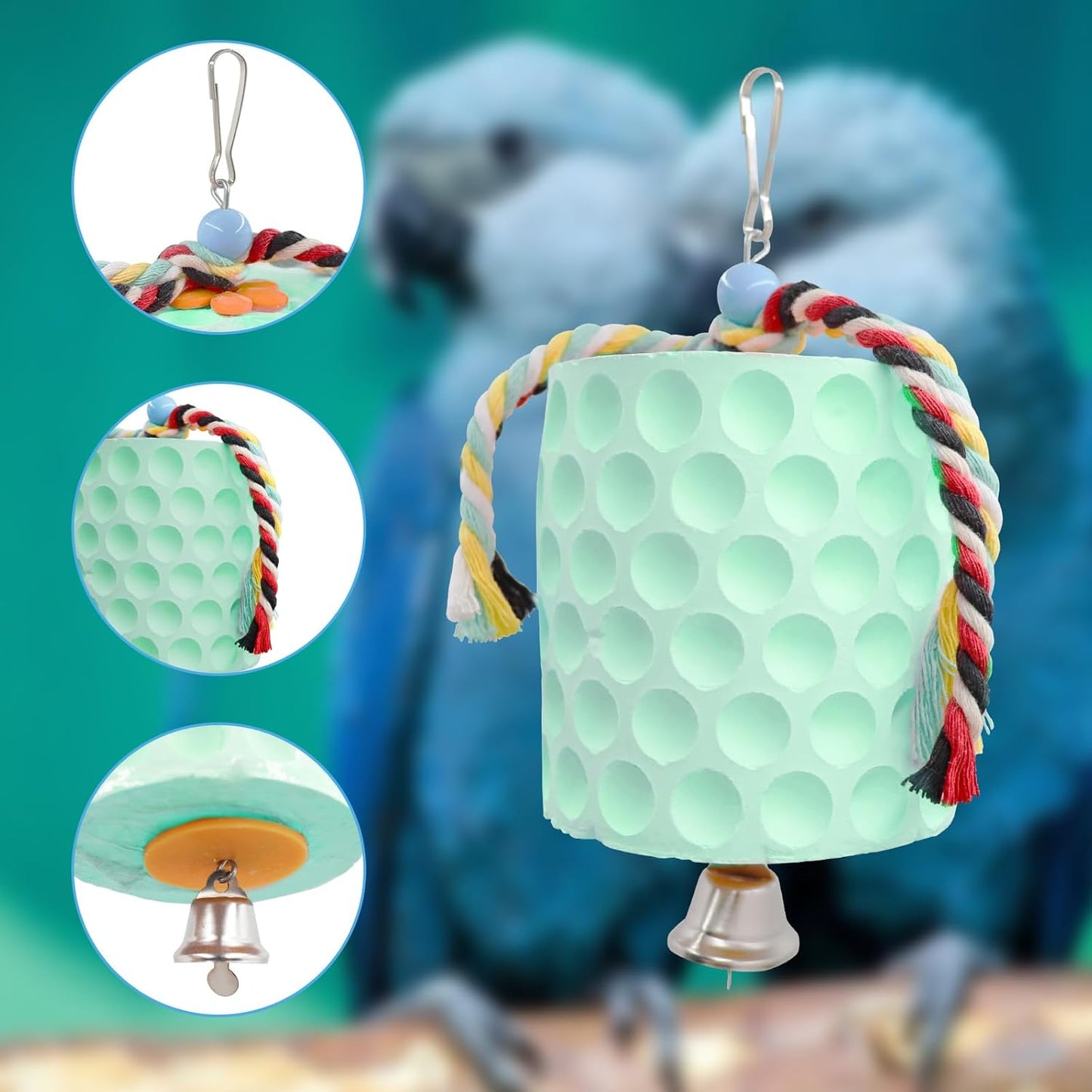 Oooct Extra Large Bird Chewing Toy, Parrot Beak Grinding Calcium Stone with Bells, Bird Cage Accessories, Cage Toys for Cockatiel Parakeet Parrot Budgies Rat Hamster Chinchilla Rabbit Bunny Green