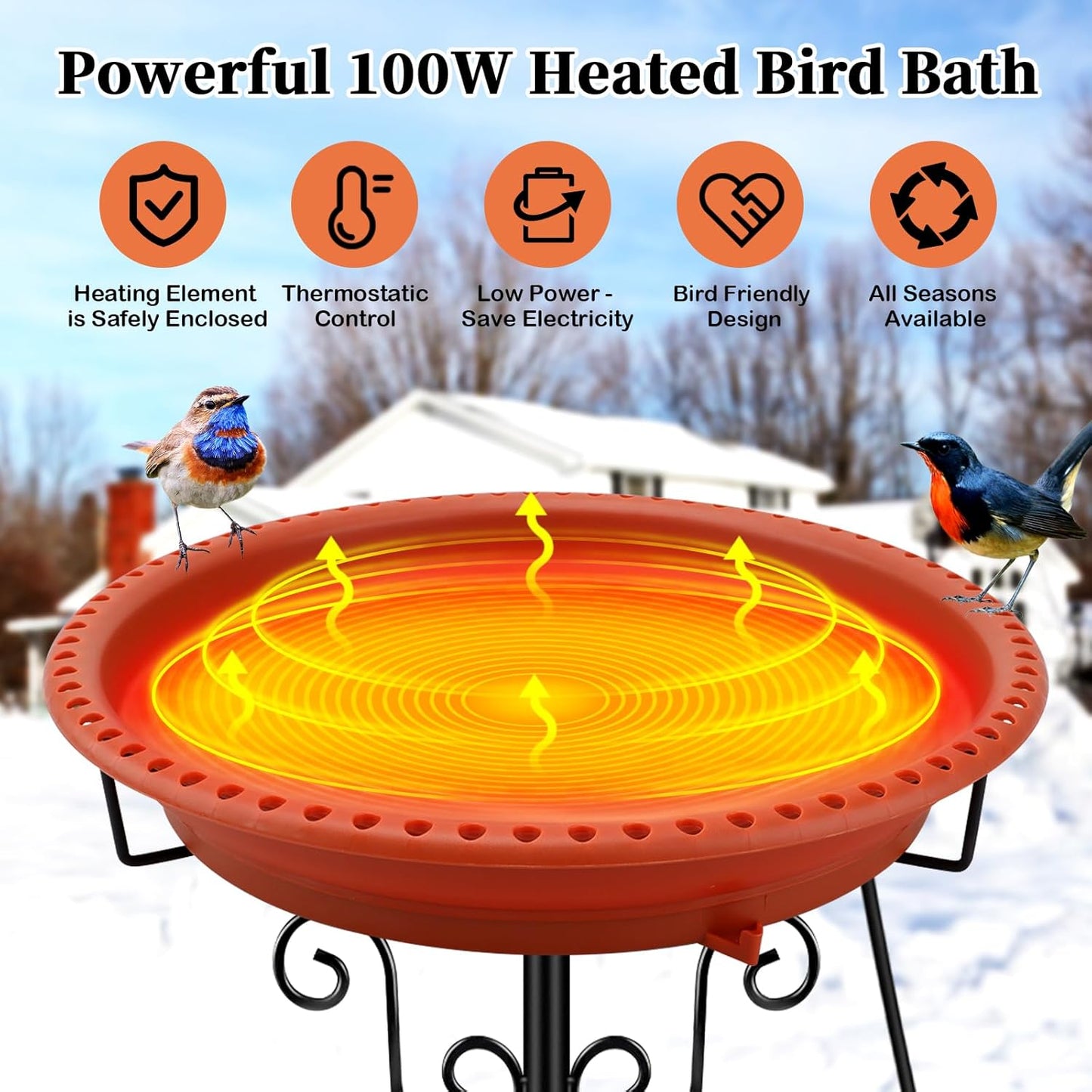 Heated Bird Baths for Outdoors for Winter, Lovppy 100W Heated Bird Bath Water Heater with Thermostatically Controlled, Heated Bird Baths Bowl with Metal Stake for Outside Garden Patio Yard (Brown)