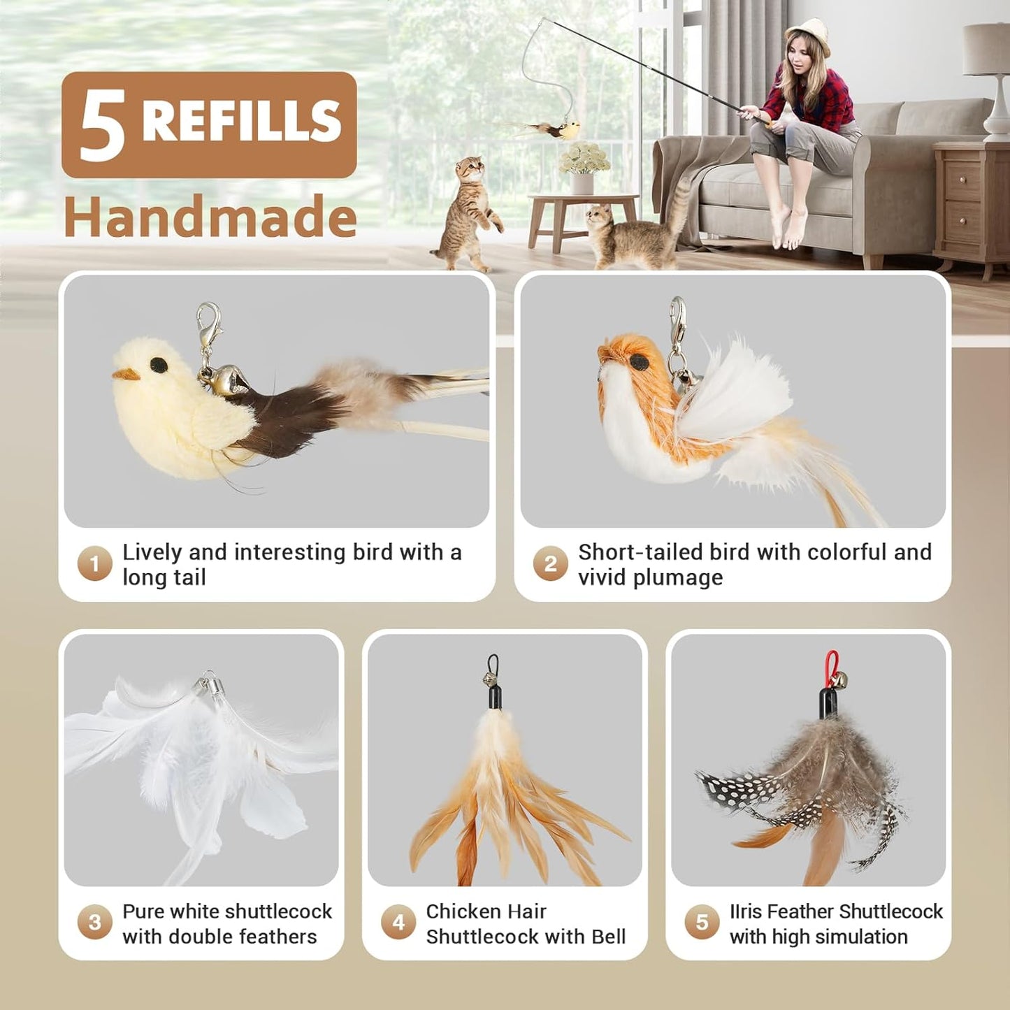 ROSAUI Cat Teaser Wand Toys, Interactive Bird Toys for Indoor Kittens, 42.15’’ Long Cat Fishing Pole Toys, 2Pcs Wires and 5Pcs Natural Refills, Sustainable Wooden Handles, Exercising, Playing