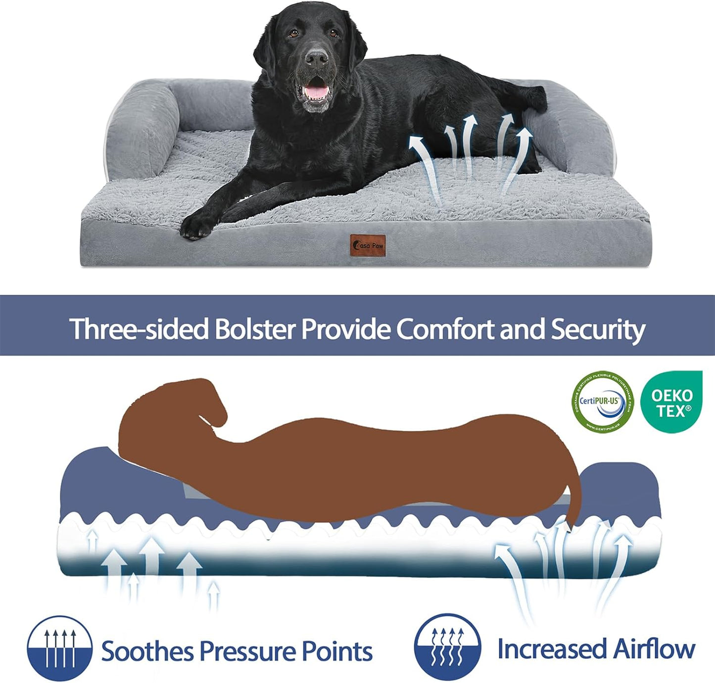 Orthopedic Dog Beds for Extra Large Dogs, Waterproof Dog Beds XLarge, Memory Foam Dogs Couch Beds, Comfy Bolster Pet Beds with Removable Washable Cover, Nonskid Bottom (X-Large, Grey)