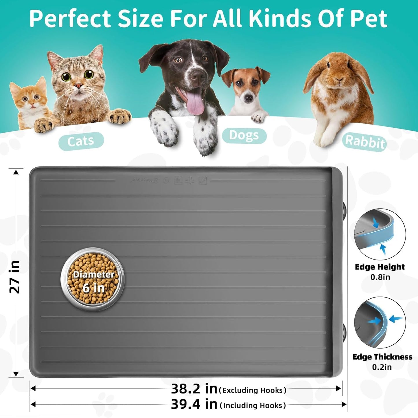 Dog Mat for Food and Water - 39.4" x 27" Large Pet Feeding Mats with Residue Collection Pocket - Waterproof Dog Cat Bowl Mat with High Edges to Prevent Water and Food Spills (Light Grey)