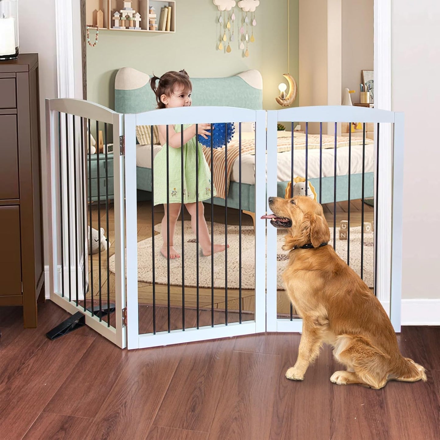Foldable Wooden Freestanding Dog Gate - 32" H, 3 Panels, Stairs/Doorways, Support Feet Included, White