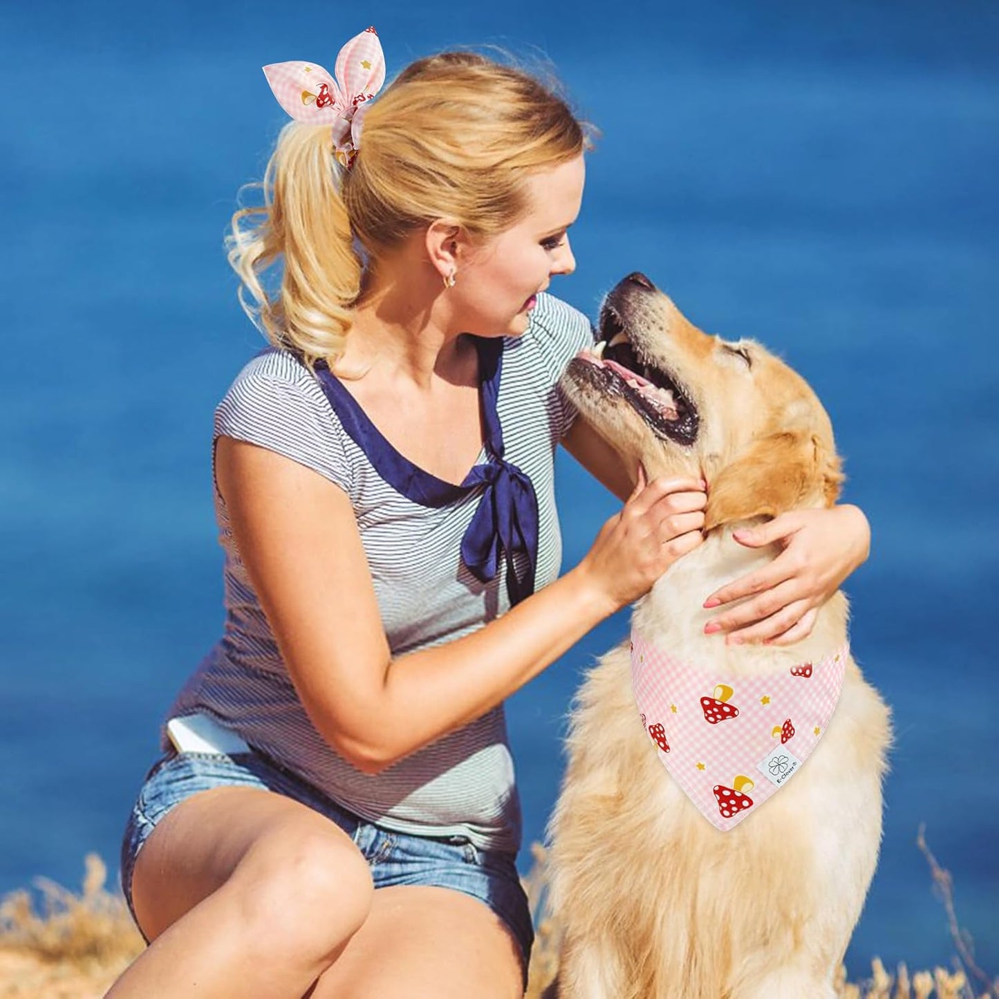 E-Clover Pink Buffalo Plaid Dog Bandanas & Matching Scrunchie Set Cute Dog Scarf Bibs Girl Pet Bandana with Bow Tie for Medium Large Dogs Owner Mom
