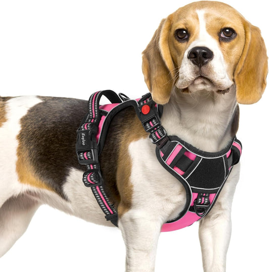 Eagloo Dog Harness Small Sized, Easy Wearing with 3 Buckles, Adjustable No Pull Pet Harness with 2 Rings for Walking, No Chock Reflective Soft Padded Vest with Control Handle, Pink & Black, S