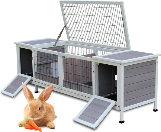 Rabbit Hutch Indoor Leakproof Bunny Cage Fir WoodenOutdoor Bunny House with Wire Floor Leakproof Plastic Tray (Grey)