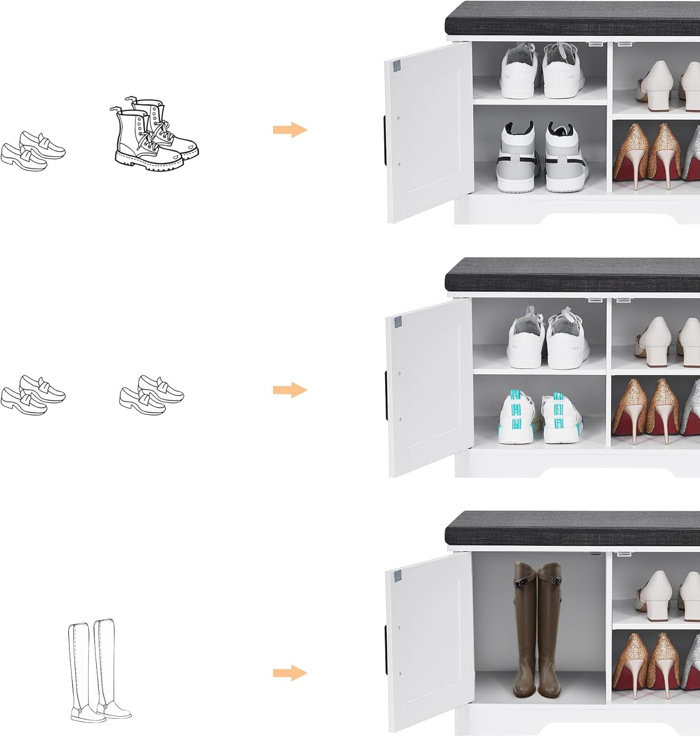 2-Tier Storage Bench, Shoe Bench with Padded Seat Cushion, Entryway Bench with 2 Barn Doors, Adjustable Shelf, 13.8" D x 27.6" W x 17.7" H, for Entryway, Living Room, Bedroom, White