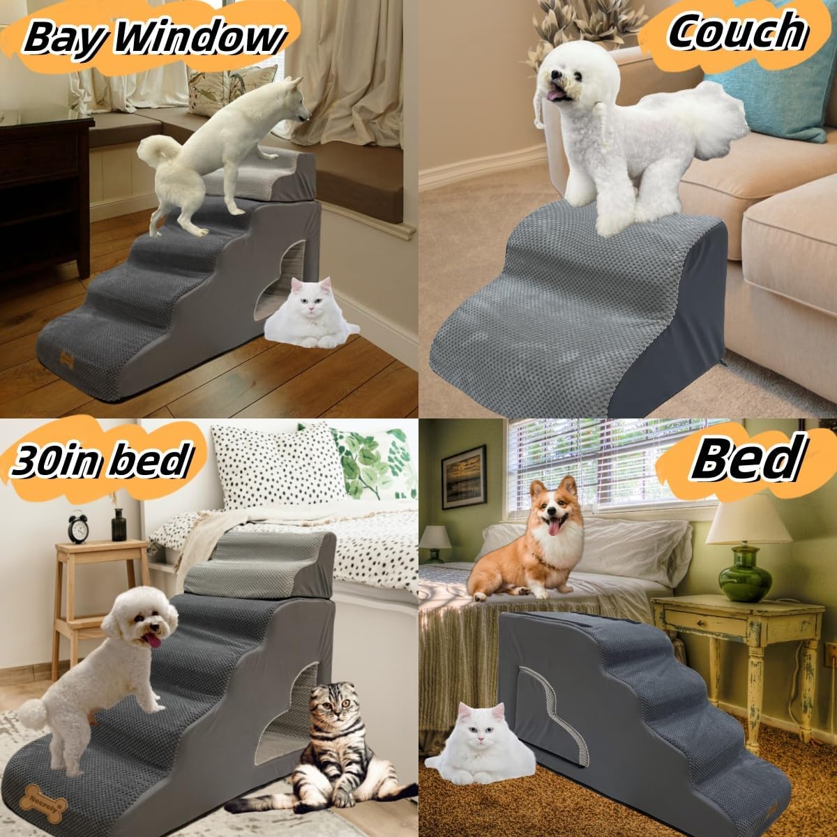 dog stairs for small dogs to 30 inches high beds, 6 step dog ramp stair for 18-36 inches couch-bed,pet stairs for small old meduim large dogs cats,Non-Slip balanced 6 tiers ladder,75 pounds Studry 33D