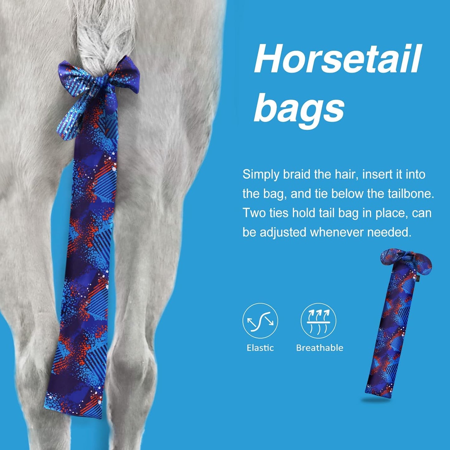 Harrison Howard Stretchy Tail Bag Breathable Horse Tail Guard Slip on Design Protect Horse Tail 2 Strand Closure Straps Keep Tail Clean & Protected 22" L Length Makes Grooming Easy-Chic Blue