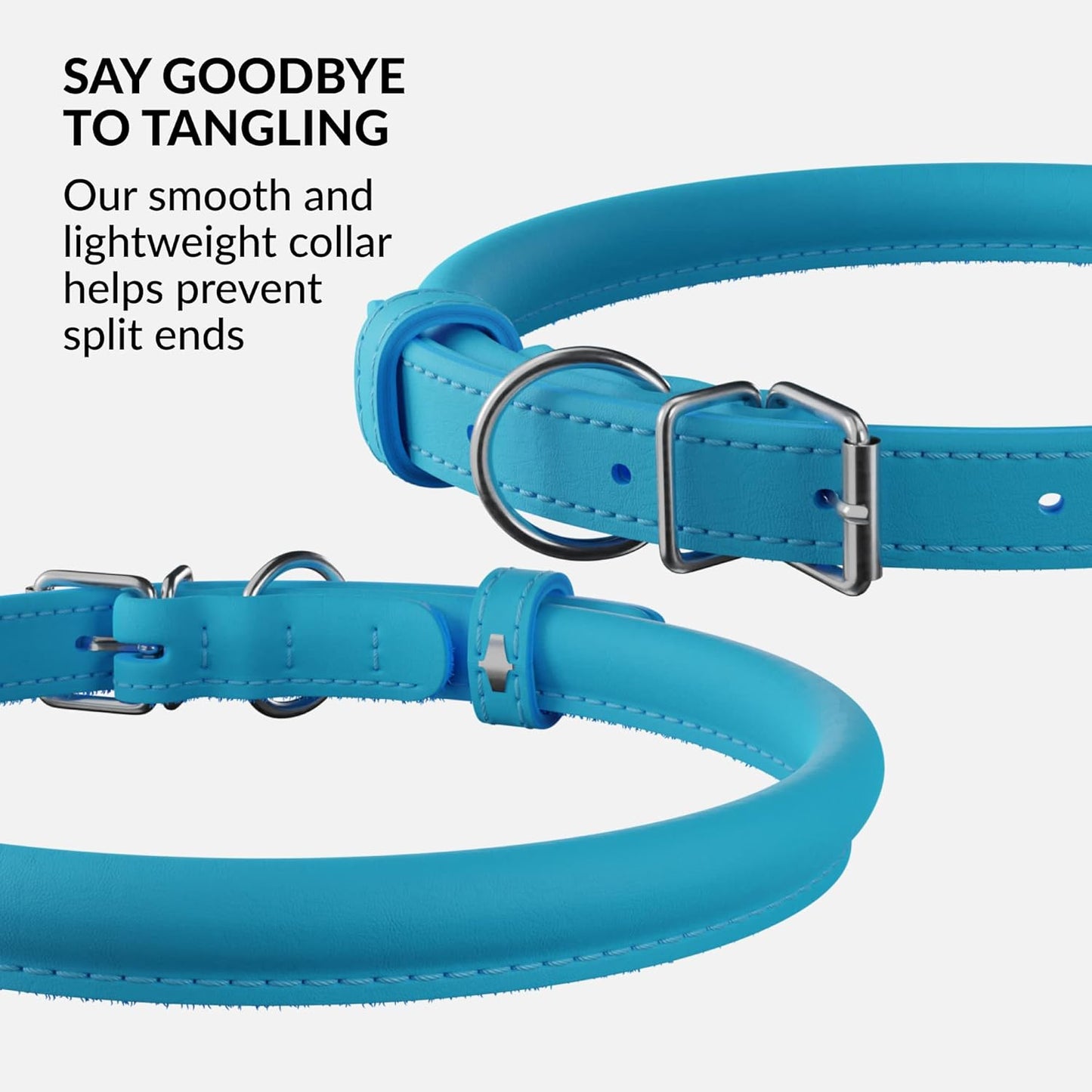 CollarDirect Rolled Leather Dog Collar, Soft Padded Round Puppy Collar, Handmade Genuine Leather Collar Dog Small Large Cat Collars 13 Colors (8-11 Inch, Light Blue Smooth)