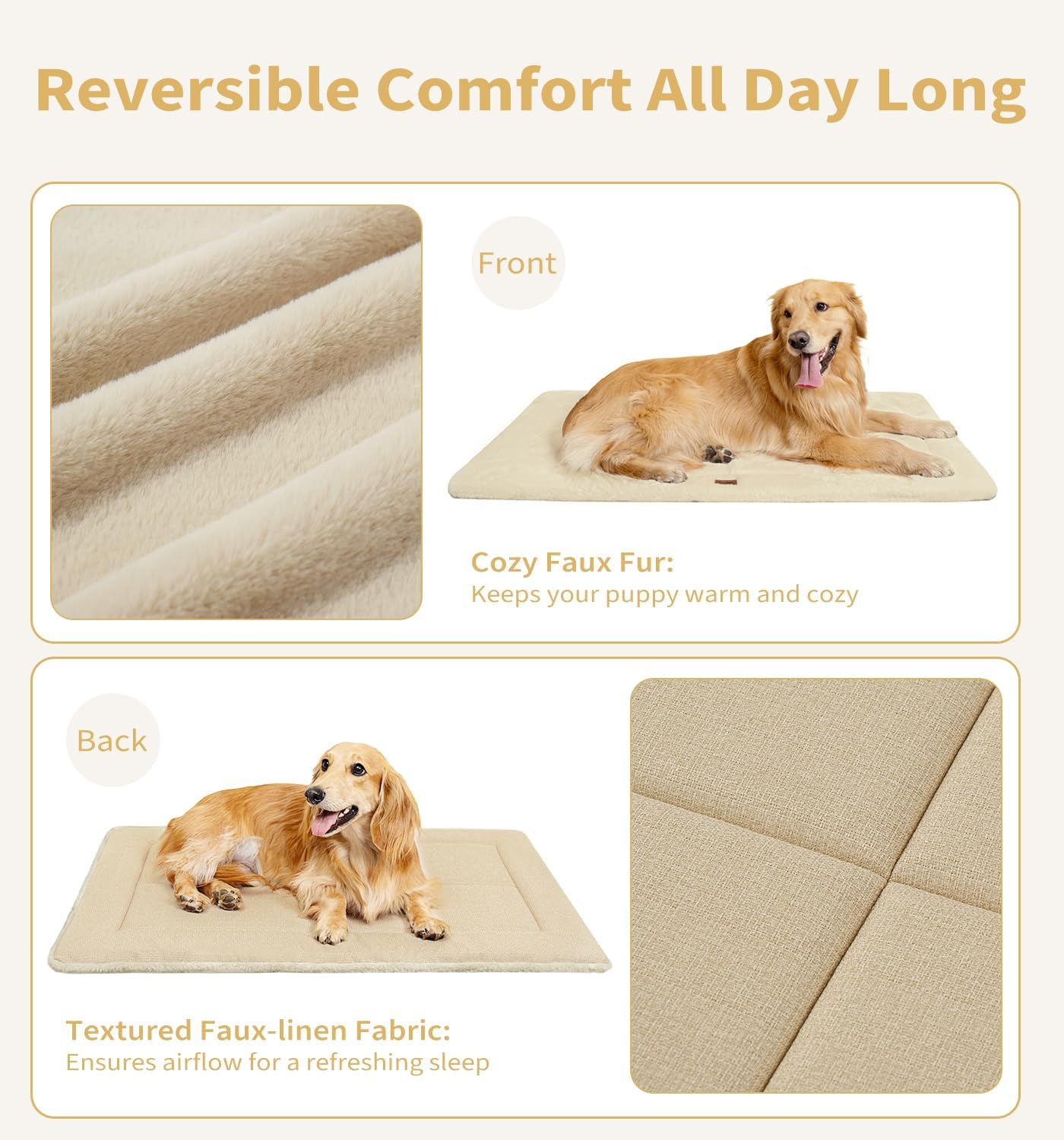 MADE 4 PETS Dog Crate Pad Bed for Large Dogs, Washable & Reversible, Anti-Slip Kennel Mat for Cozy Sleeping, Soft Fluffy Dog Bed for Indoor & Outdoor Use, 44"x32", Beige