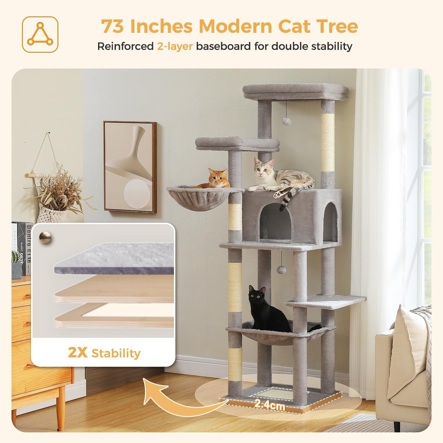 PAWZ Road Tall Cat Tree, 73 Inches Large Cat Tower with Large Padded Perch,2 Spacious Hammocks,8 Long Scratching Posts, XL Plush Cat Condo for Indoor Adult Cats,Gray