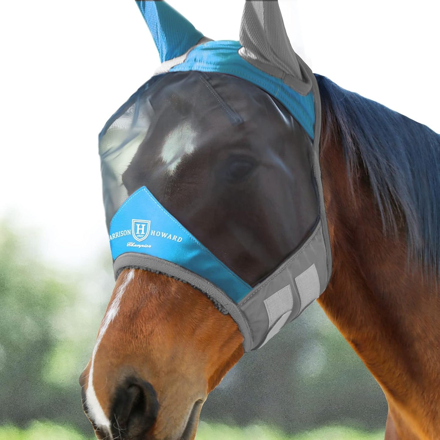 Harrison Howard Pro Luminous Horse Fly Mask Standard with Ears UV Protection for Horse Azure Blue/Silver XL Extra Full Size