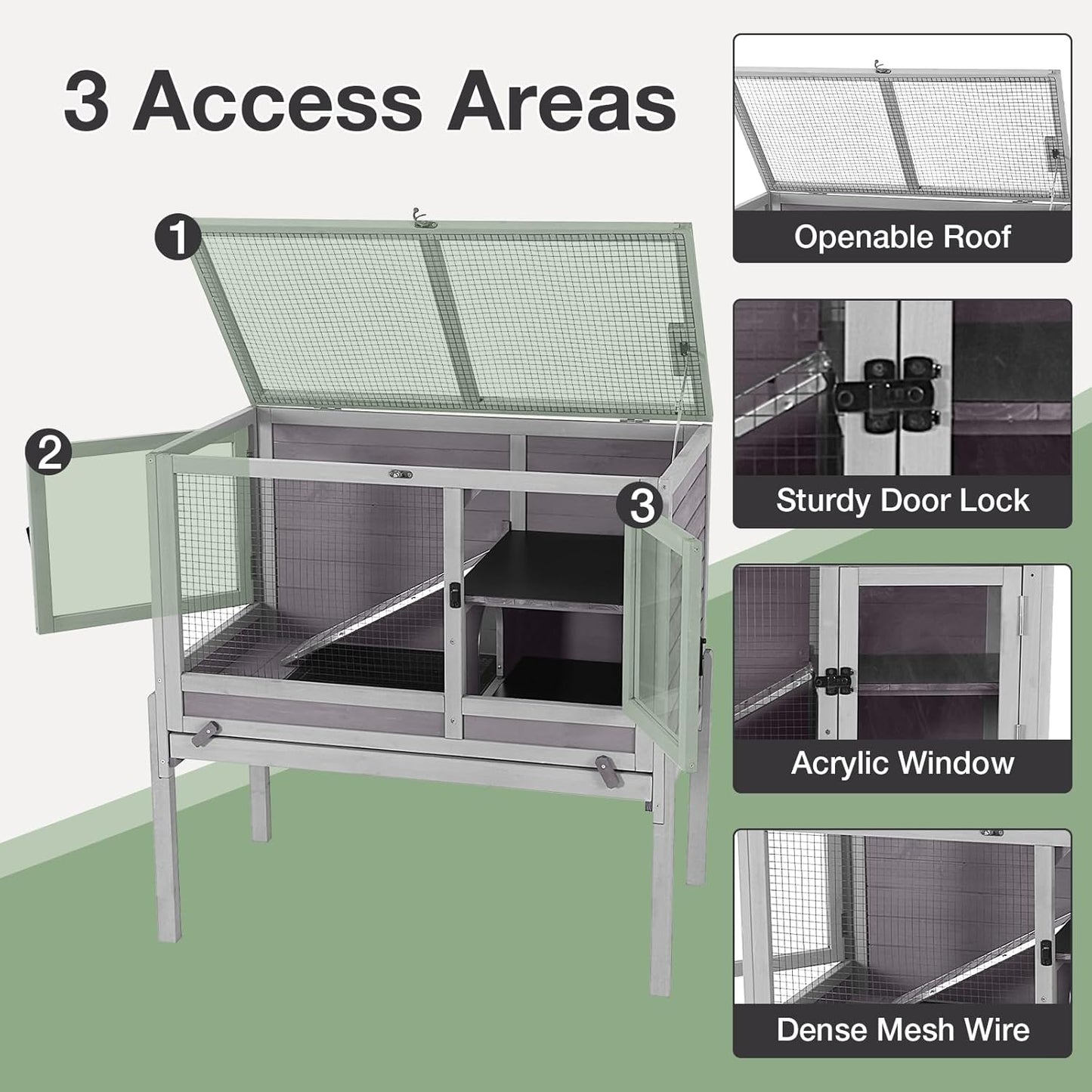Guinea Pig Cage with Wooden Stand - Hamster Cage, Small Animal Cage Anti Chew Ramp, Hideout, Platform, Pull Out Tray (Grey, L)