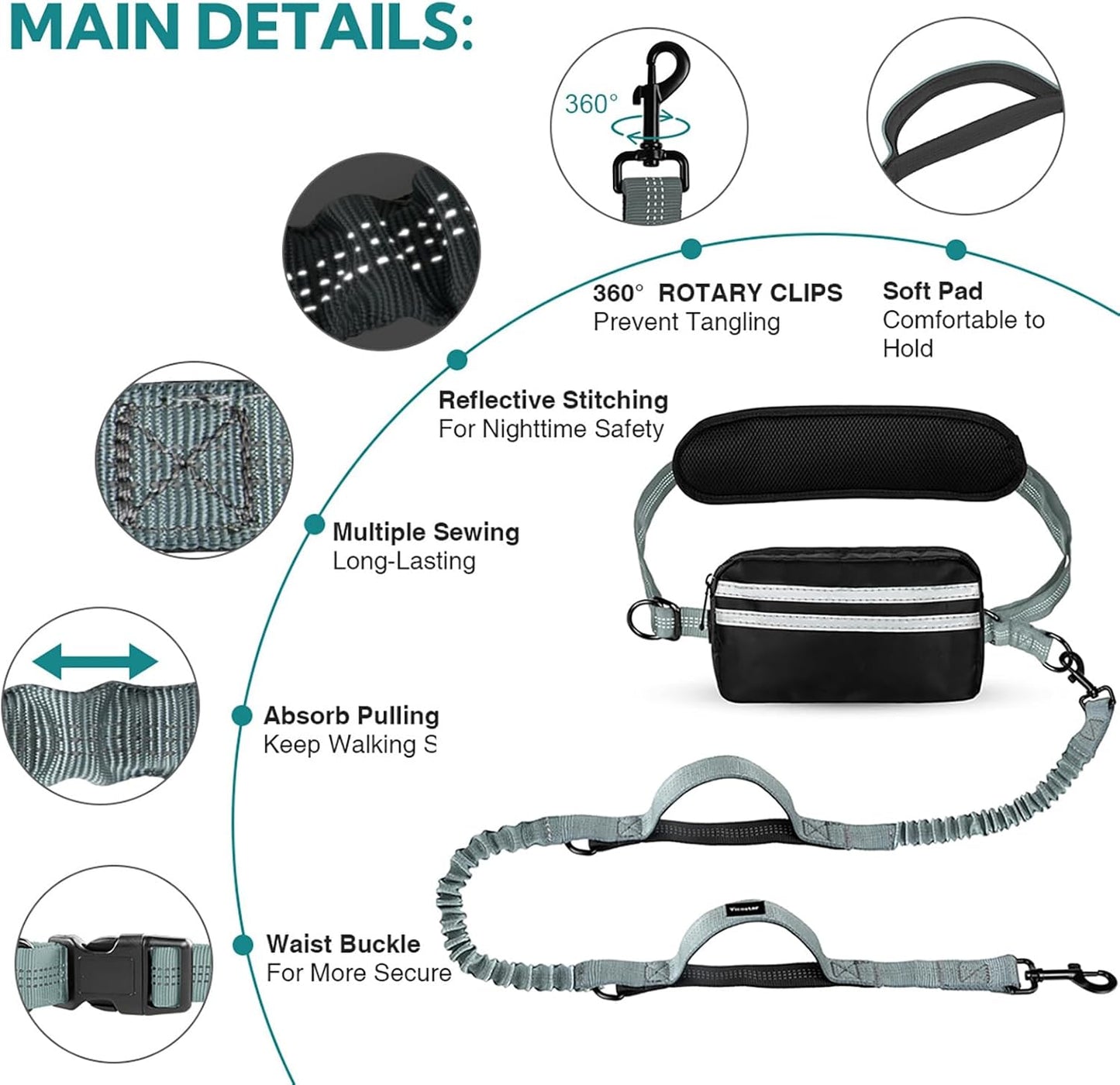 Hands Free Dog Leash with Pouch, Double Leash for Two Dogs, Retractable Bungee with Double Padded Handles, Dog Waist Leash for Dog Walking, Running Leash for Dogs, Dog Walking Accessories