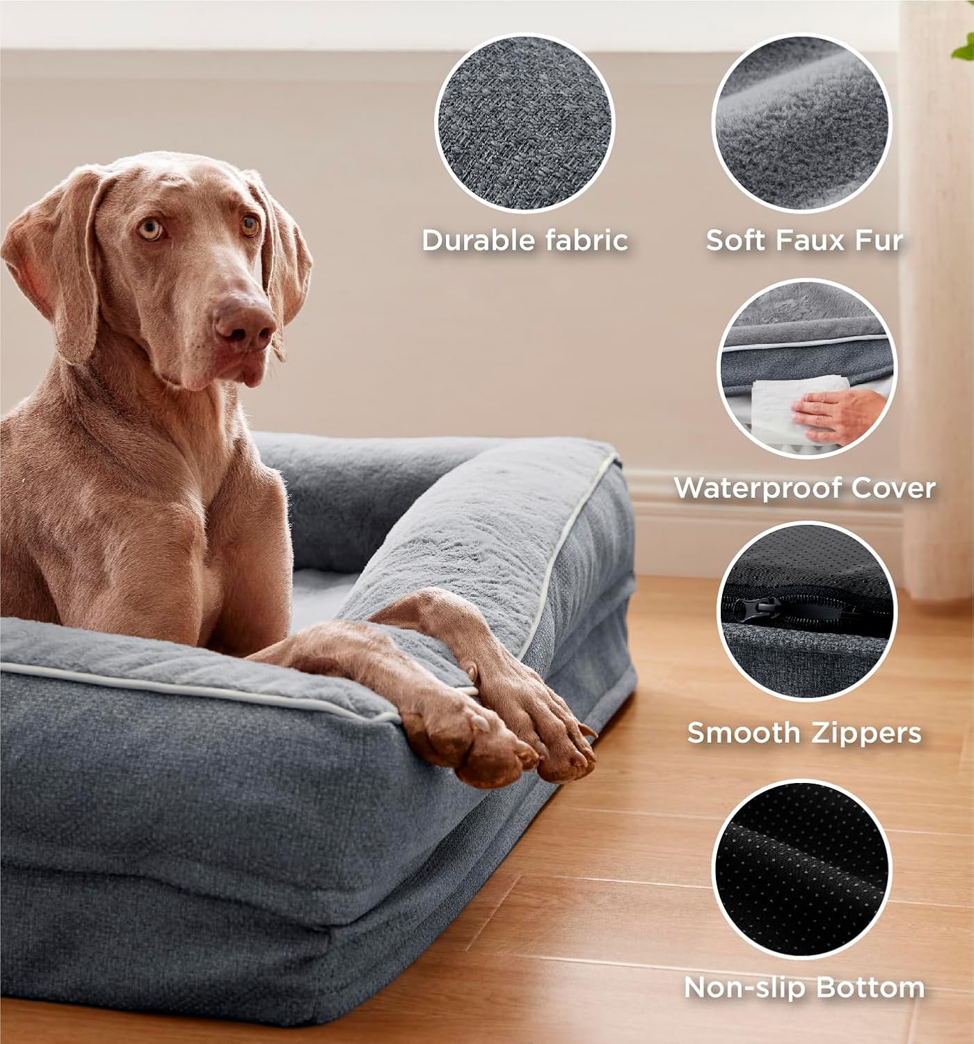 MADE 4 PETS Orthopedic Dog Bed for Extra Large Dogs, Supportive Foam XL Pet Bed Sofa with Washable Removable Cover, Waterproof Large Dog Couch Bed, Non-Slip Bottom and Egg-Crate Foam, Grey