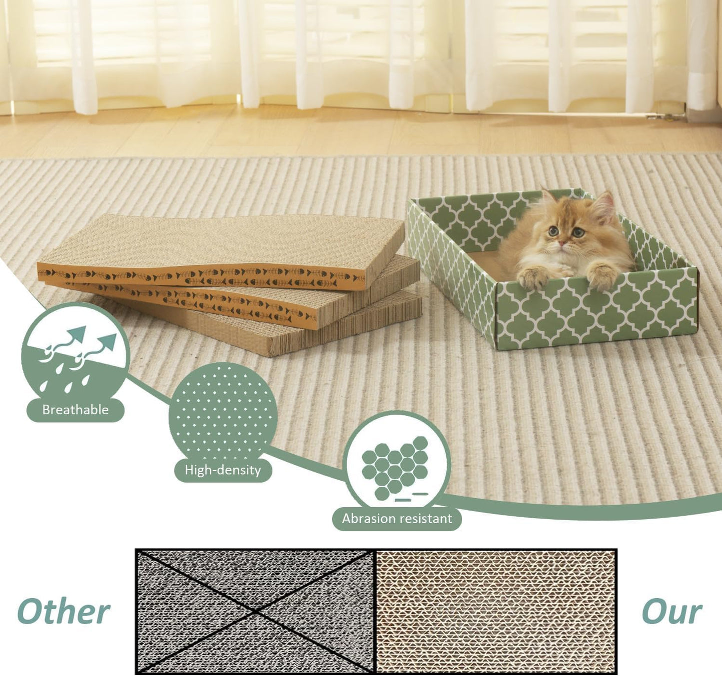 MECOOL Cat Scratching Board，3PC Scratch Pad with Box，Reversible Corrugated Scratcher Cardboard and Lounge Bed for Indoor Cats, Catnip