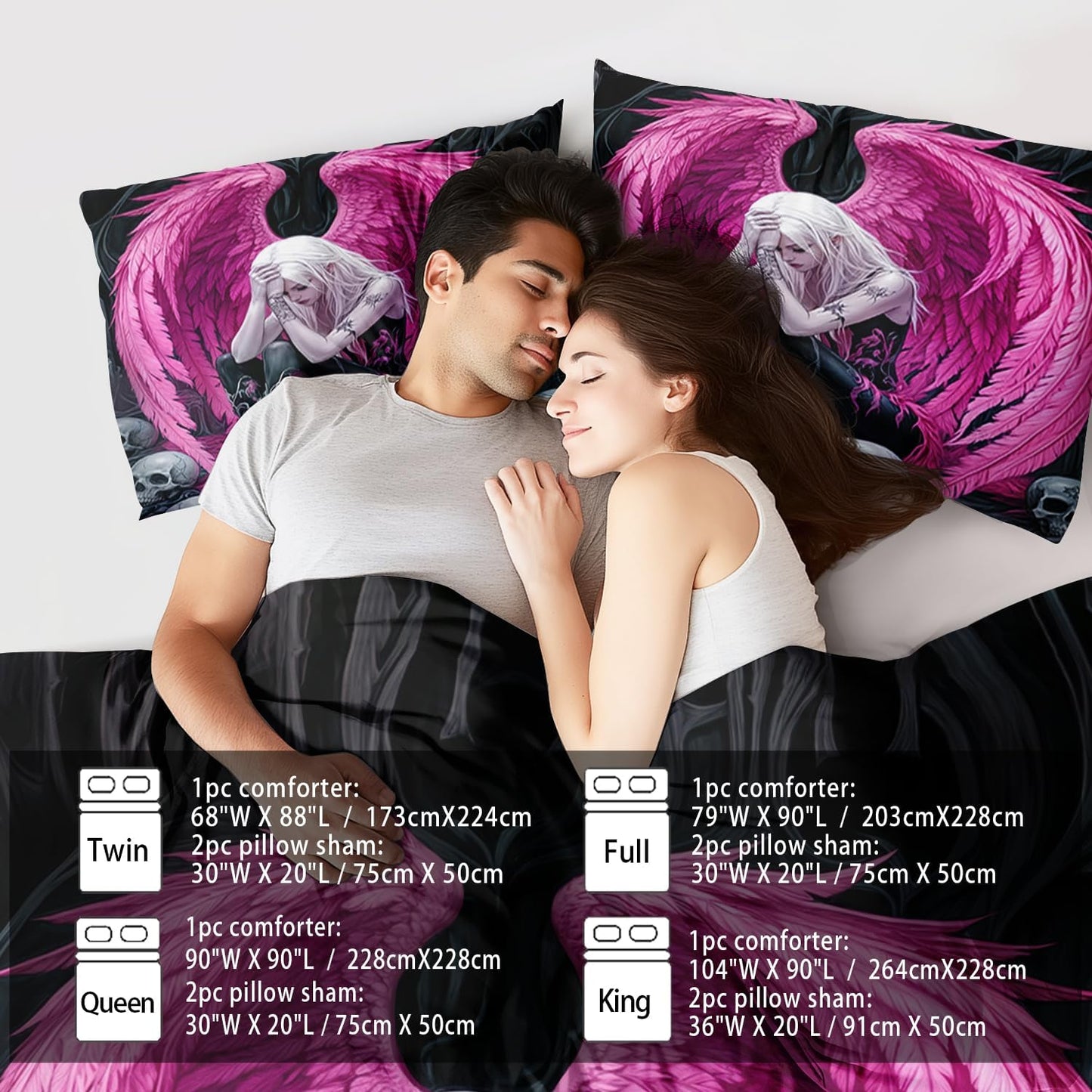 Gothic Skull Comforter Set King for Adults,Angel Wings Bedding Set Pink for Girls,Sexy Angel Comforter Bedroom Decor Teen,Gothic Skull Bedding Decor Pink Wings Quilt