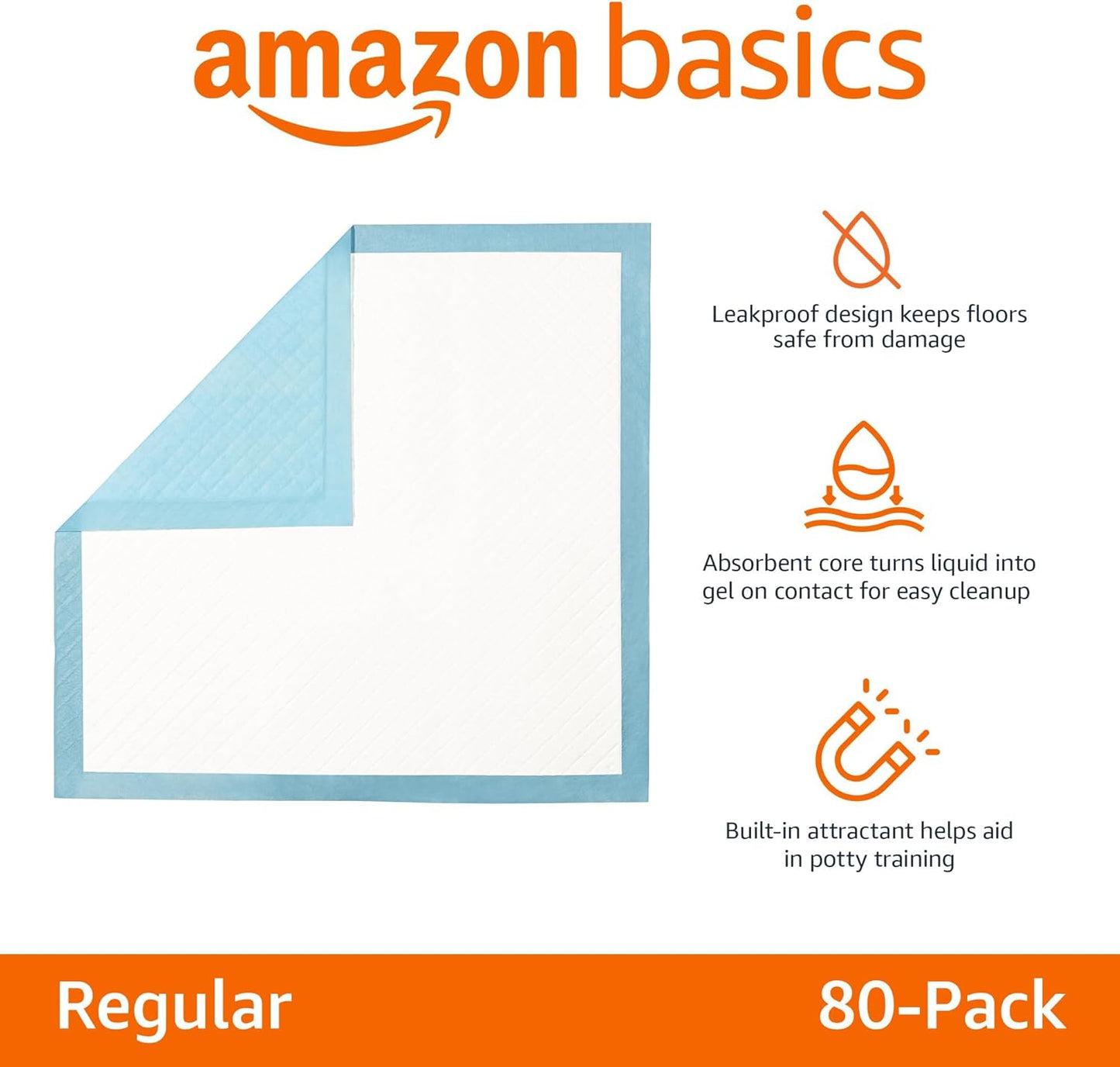 Amazon Basics Heavy Duty Dog and Puppy Pee Pads, 5-Layer Leak-Proof Ultra Absorbent, Quick-Dry Surface, Potty Training, Regular (24x23"), 50 Count, Blue & White
