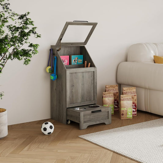 Dog Feeding Station with Storage Cabinet, 2 Elevated Bowls, FILP Top Food Storage Cabinet Container, Pet Feeding with 3 Hooks, Farmhouse Dog Feeder Station, Grey