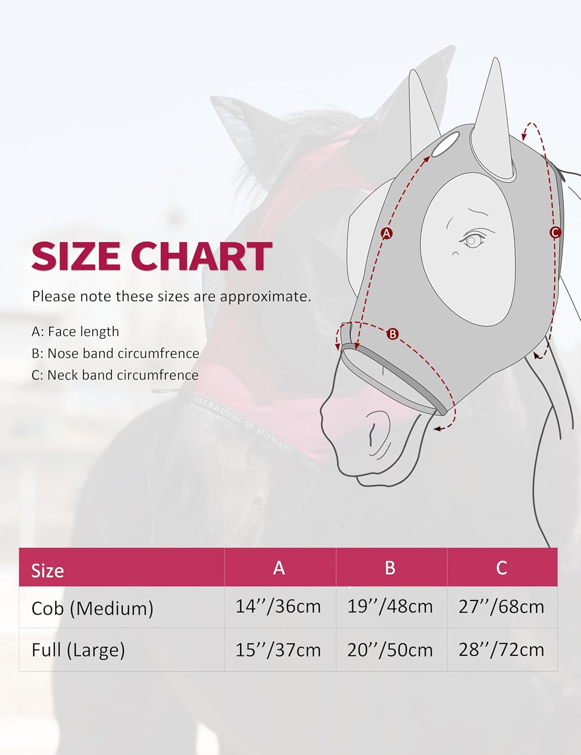 Harrison Howard Horse Fly Mask with Forelock Opening Stretch Breathable and Comfortable for Horses UV -Protection Burgundy L