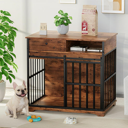 35.5" Dog Crate Furniture, Wooden Dog Crate Furniture for Medium Small Dogs, Wooden Dog Kennel End Table with Drawer and Open Shelves, Sliding Door Dog Kennel Furniture