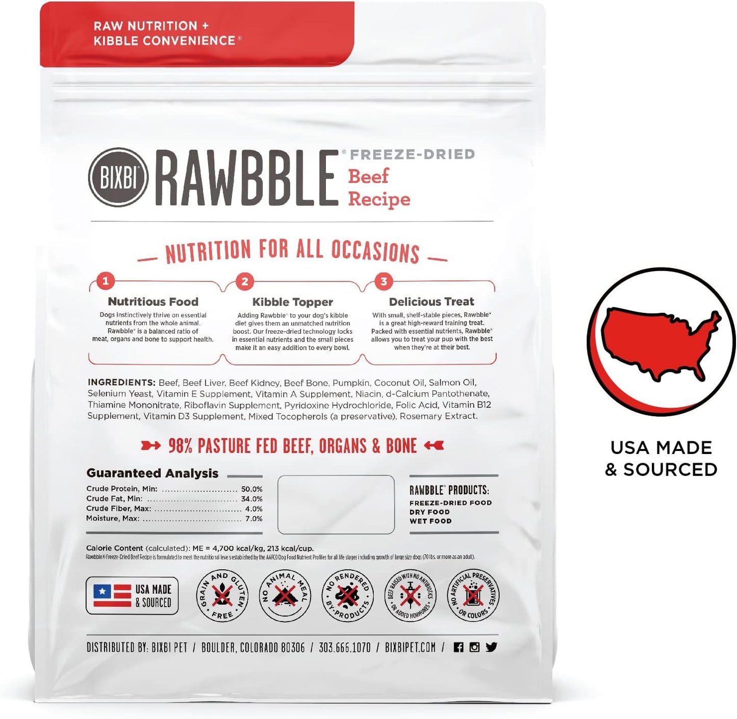 BIXBI Rawbble Freeze Dried Dog Food, Beef Recipe, 26 oz - 98% Meat and Organs, No Fillers - Pantry-Friendly Raw Dog Food for Meal, Treat or Food Topper - USA Made in Small Batches