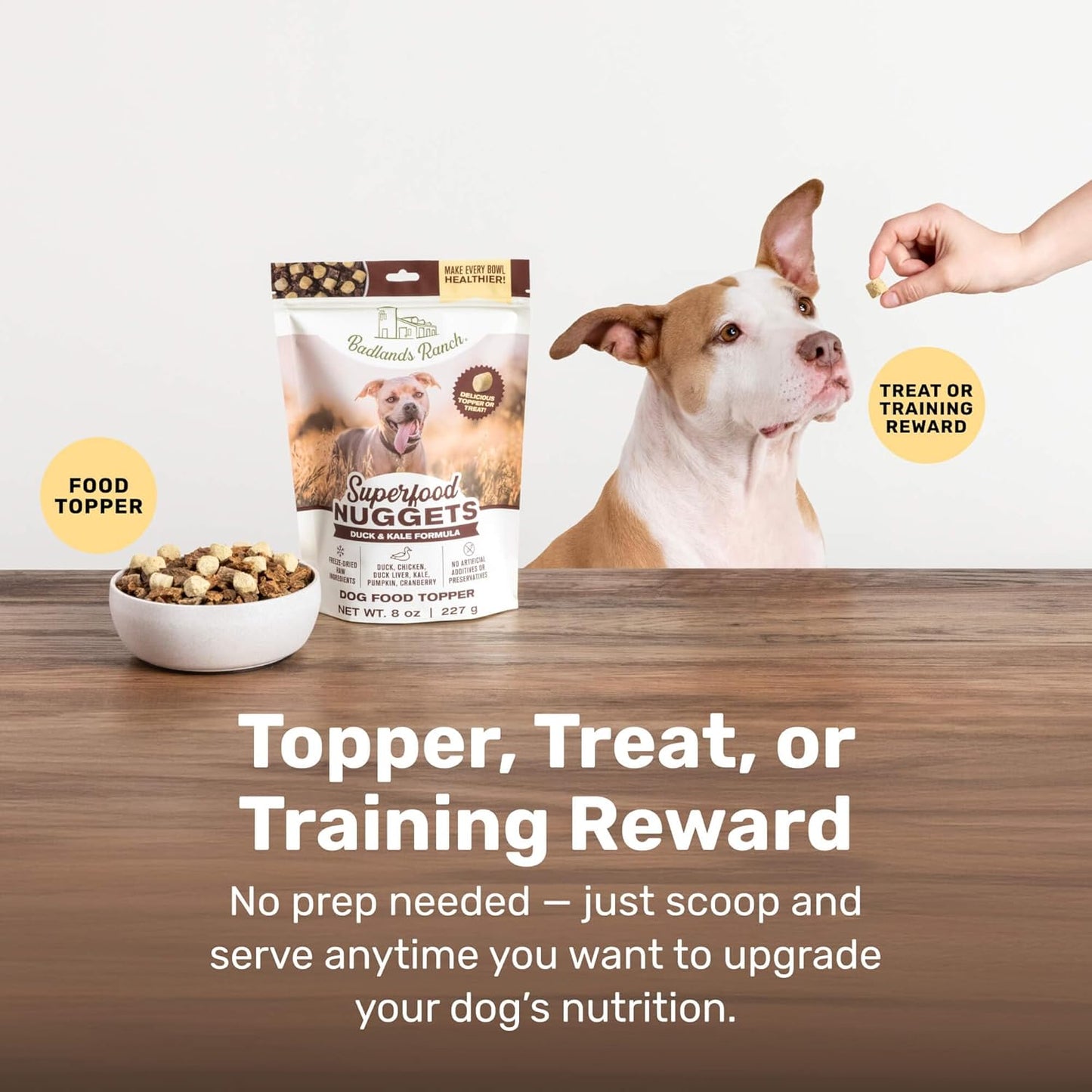 BADLANDS RANCH Superfood Nuggets- Premium, Freeze-Dried raw Dog Food Topper or Treat. Powerful Nutrient-Dense Ingredients. No Artificial additives. Duck and Kale Formula 8oz - 4pk Bundle