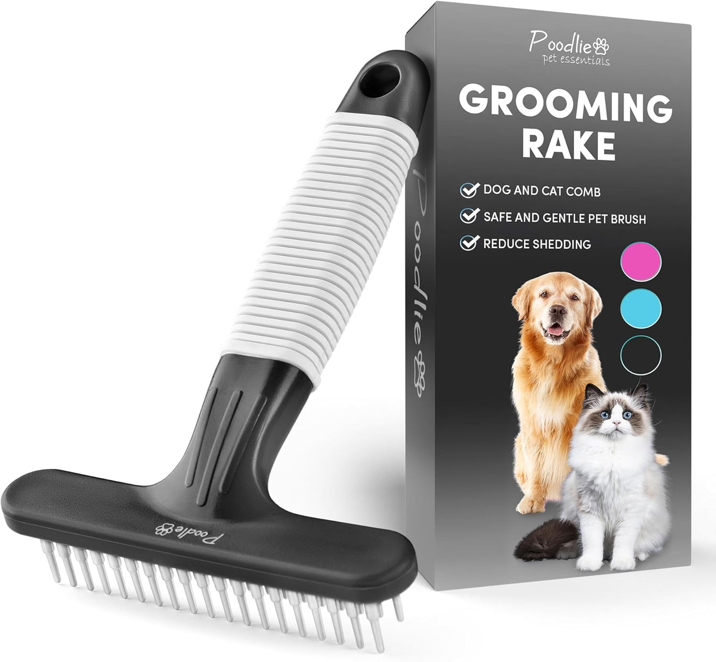 POODLIE Poodle Pet Dog Grooming Rake | Dematting Tool with Stainless Steel Shedding Comb for Pets | 2 Rows of Pins Gently Remove Loose or Tangled Hair from Undercoat (Black)