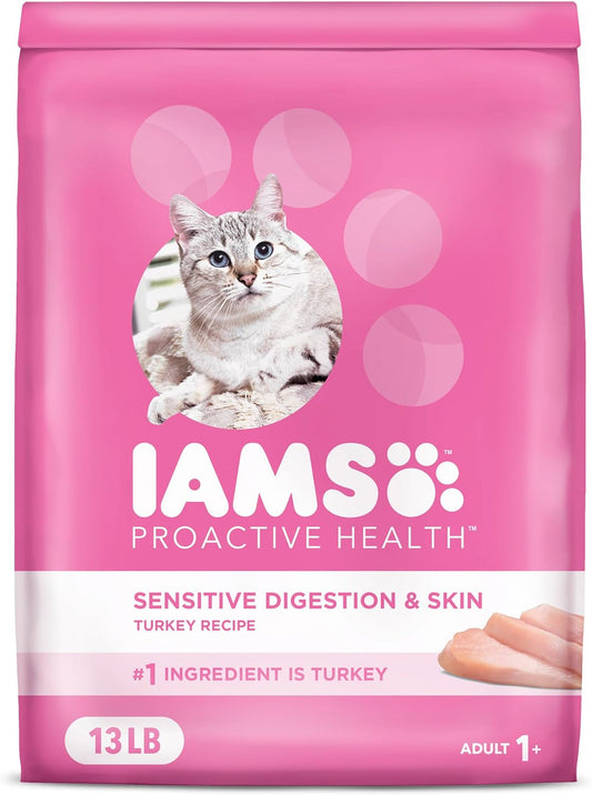 IAMS Proactive Health Adult Sensitive Digestion & Skin Dry Cat Food with Turkey, 13 lb. Bag