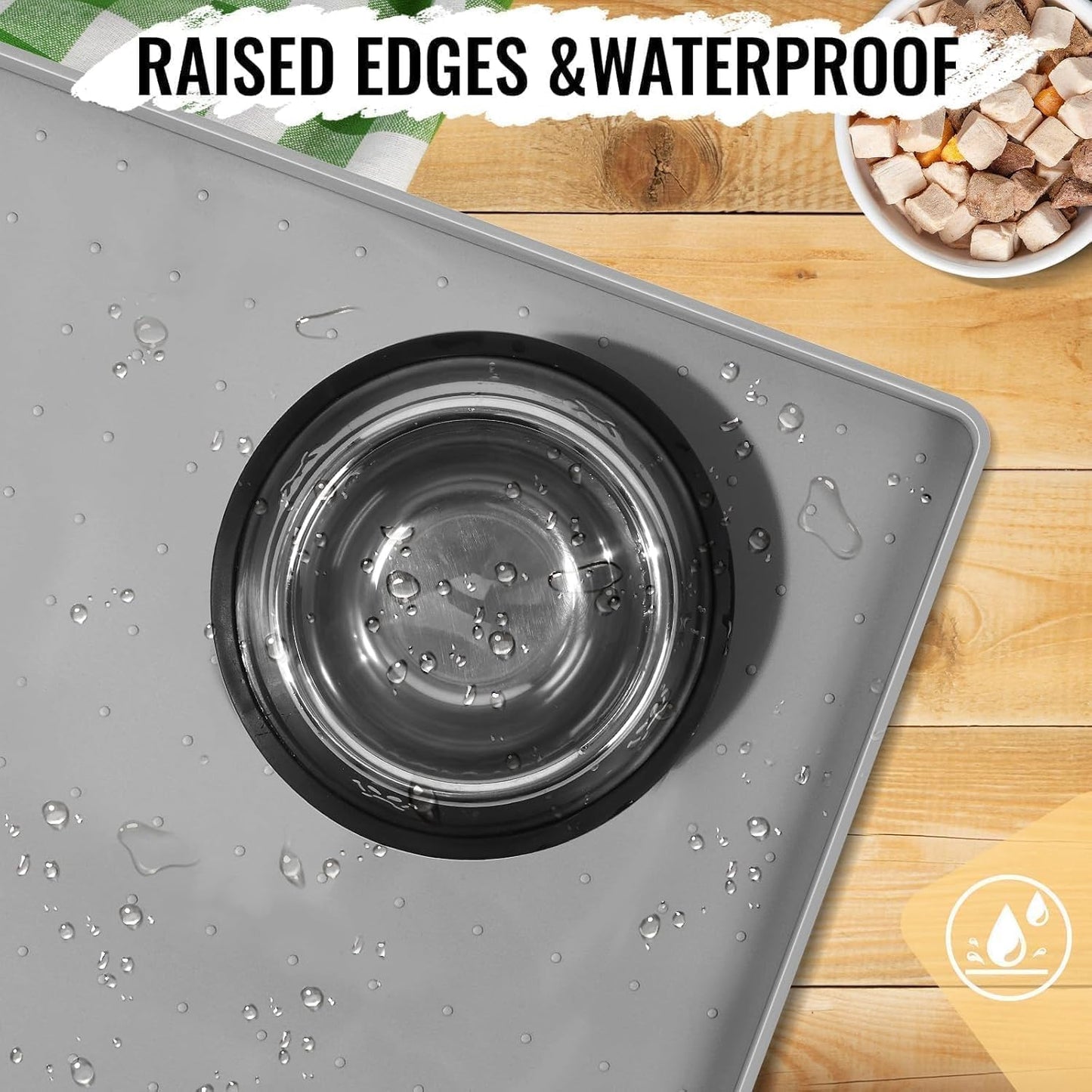 MateeyLife Dog & Cat Food Mat for Floors Waterproof, Nonslip Bowl Mats for Food and Water, Dog Feeding Mats with Raised Edges, Silicone Dog Water Matt Tray for Messy Drinkers, 18"x12", Grey