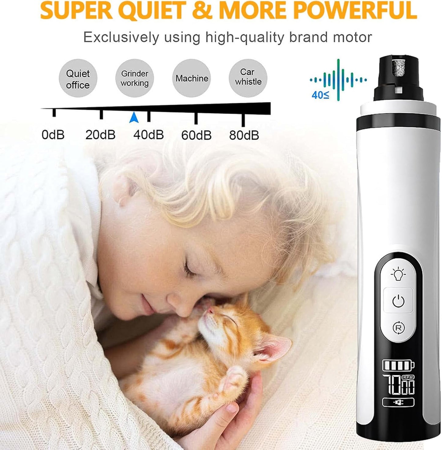 Heusom Silent Groom Pro Nail Grinder Cordless for Small Large Dogs - 3 Speeds Quiet Cat Dog Nail Trimmer with 2 LED Lights, 2000mAh Rechargeable for Thick Nails with Replacement Heads (1pc+2 Heads)