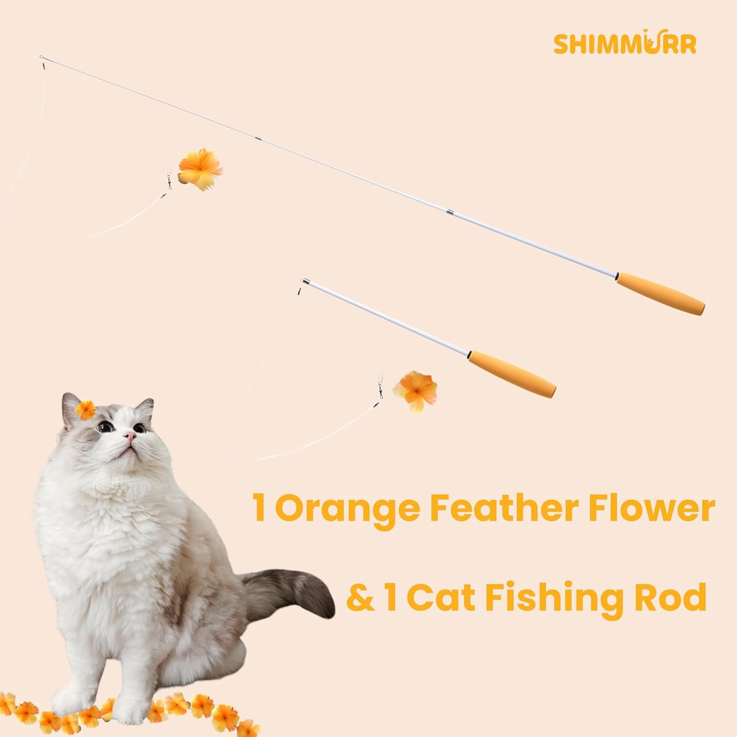 Cat Feather Wand Toy - 38" Retractable Cat Wand Toy with Orange Feather Flower Teaser Refill for Indoor Cats and Interactive Play
