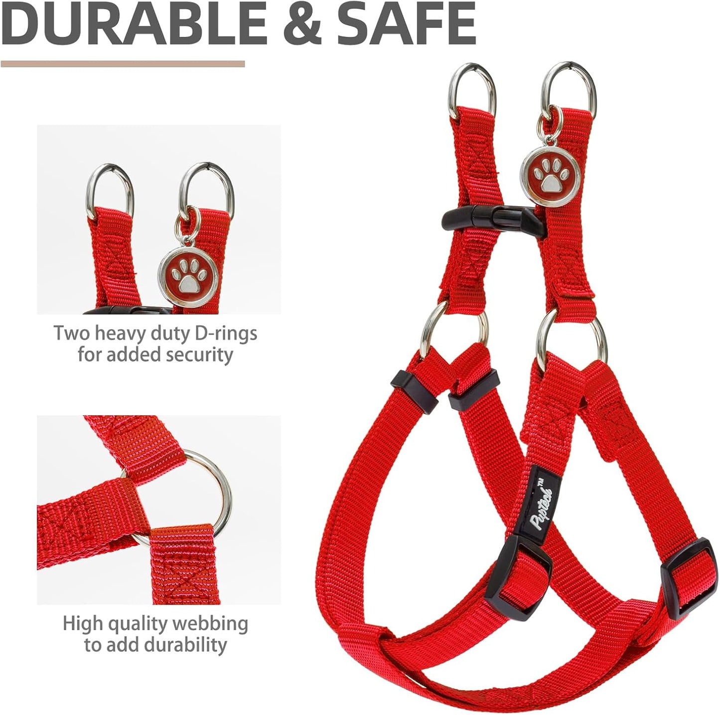 PUPTECK No Pull Dog Harness Soft Adjustable Basic Nylon Step in Puppy Vest Outdoor Walking with ID Tag and A-ir Tag Case, Red, M