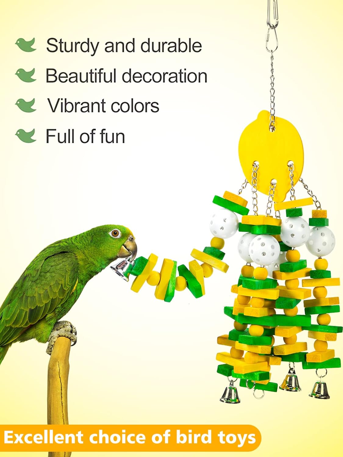 MEWTOGO Parrot Toys, Safe Healthy Parrots Cage Chewing Toy with Colorful Wood Blocks Crisp Bells for Macaws African Grey and Amazon Parrots (Lemon Style)