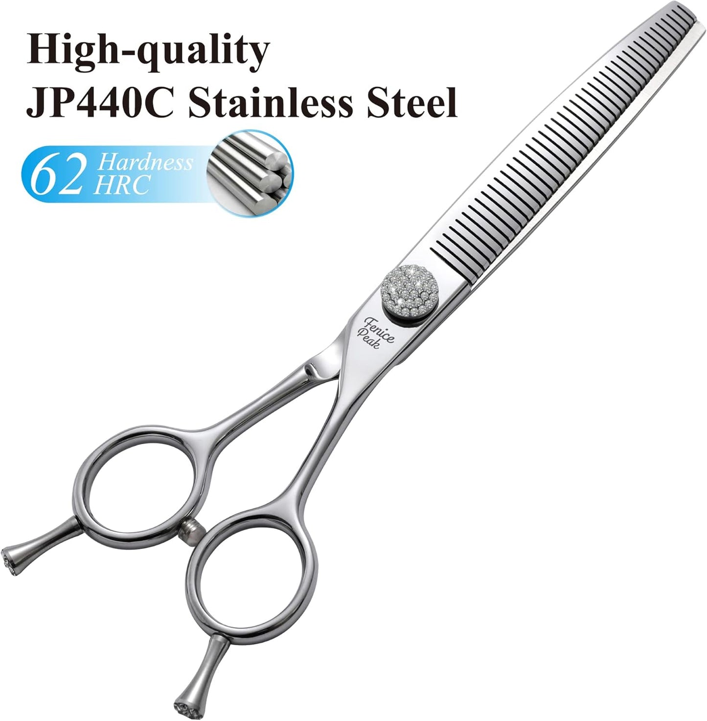 Fenice Peak 7.5‘’ Curved Thinning Dog Grooming Scissors with Jewelled Screw 440C Stainless Steel Pet Grooming Bulking Shears with Symmetrical Handle and Decorative Tail Nails Fluffy Scissors