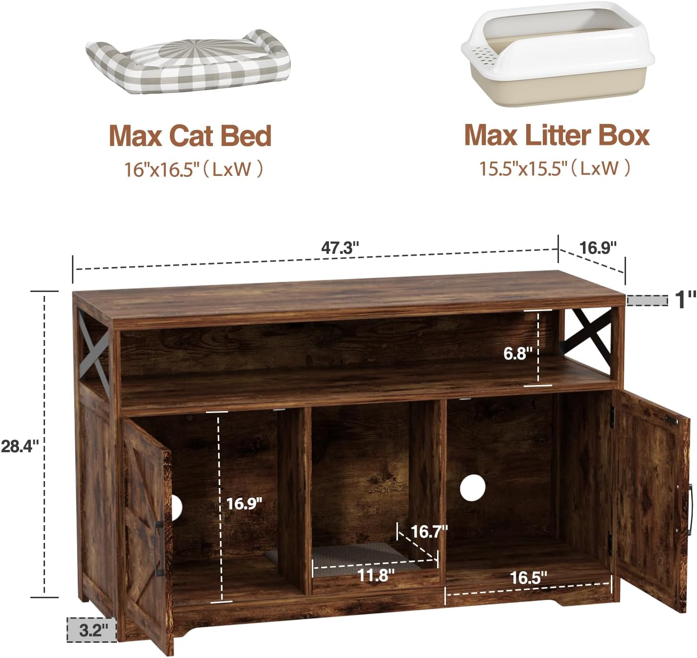 Cat Litter Box Enclosure for 2 Cats, 47" Double Hidden Litter Box Furniture with Scratch Pad, Farmhouse Indoor Litter Box Cabinet Cat Washroom, Rustic Brown
