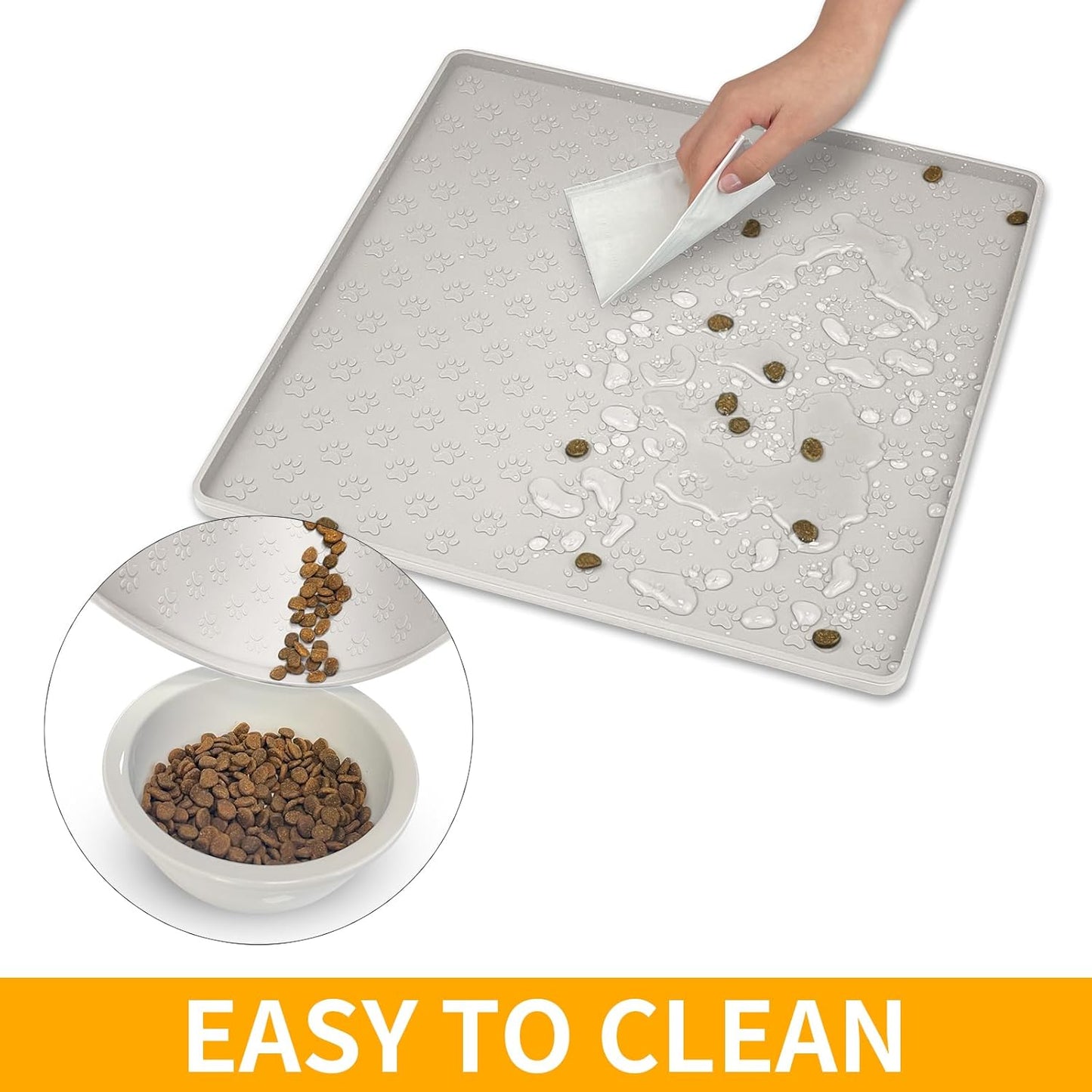 Ptlom Dog Food Mat Anti-Slip Bowl Mats for Food and Water, Waterproof Silicone Pet Placemat with High Raised Edges, Non-Slip Puppy Feeding Tray for Small, Medium Large Cats Dogs, Cream, 11.8"x11.8"