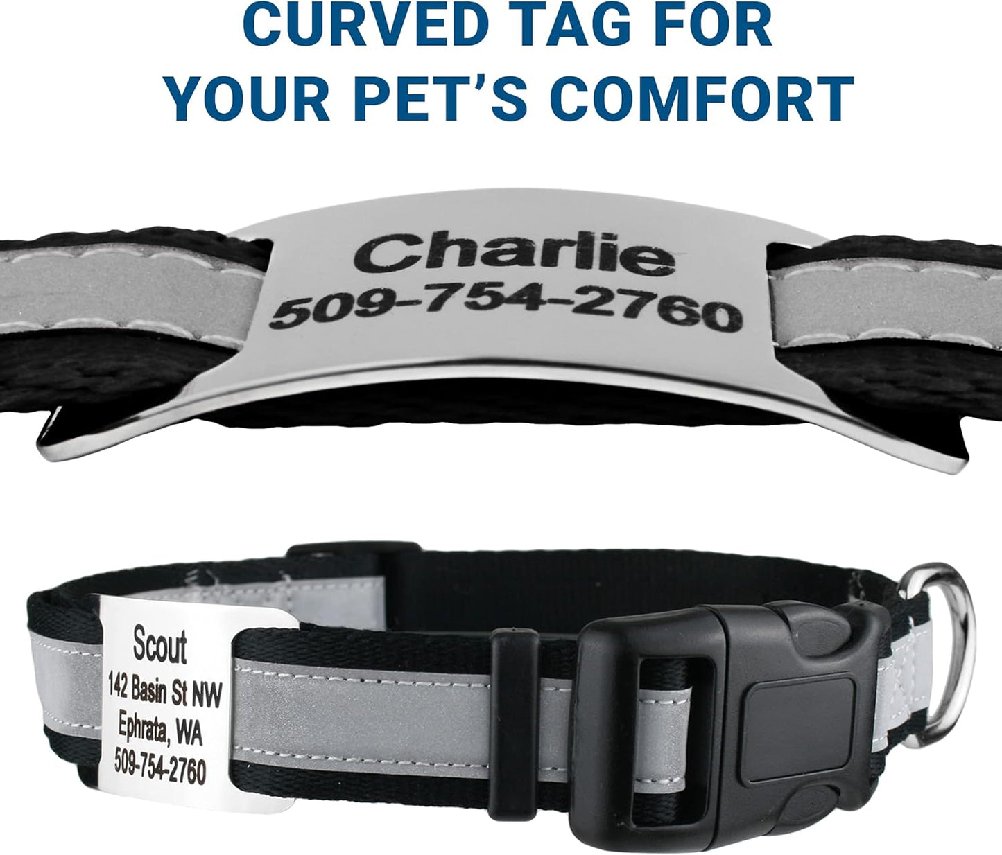 GoTags Reflective Personalized Dog Collar with Nameplate, Adjustable Dog Collar with Custom Engraved Steel Slide On Pet ID Tag, Silent, No Noise Dog Tag for Large Medium or Small (Black, Large)