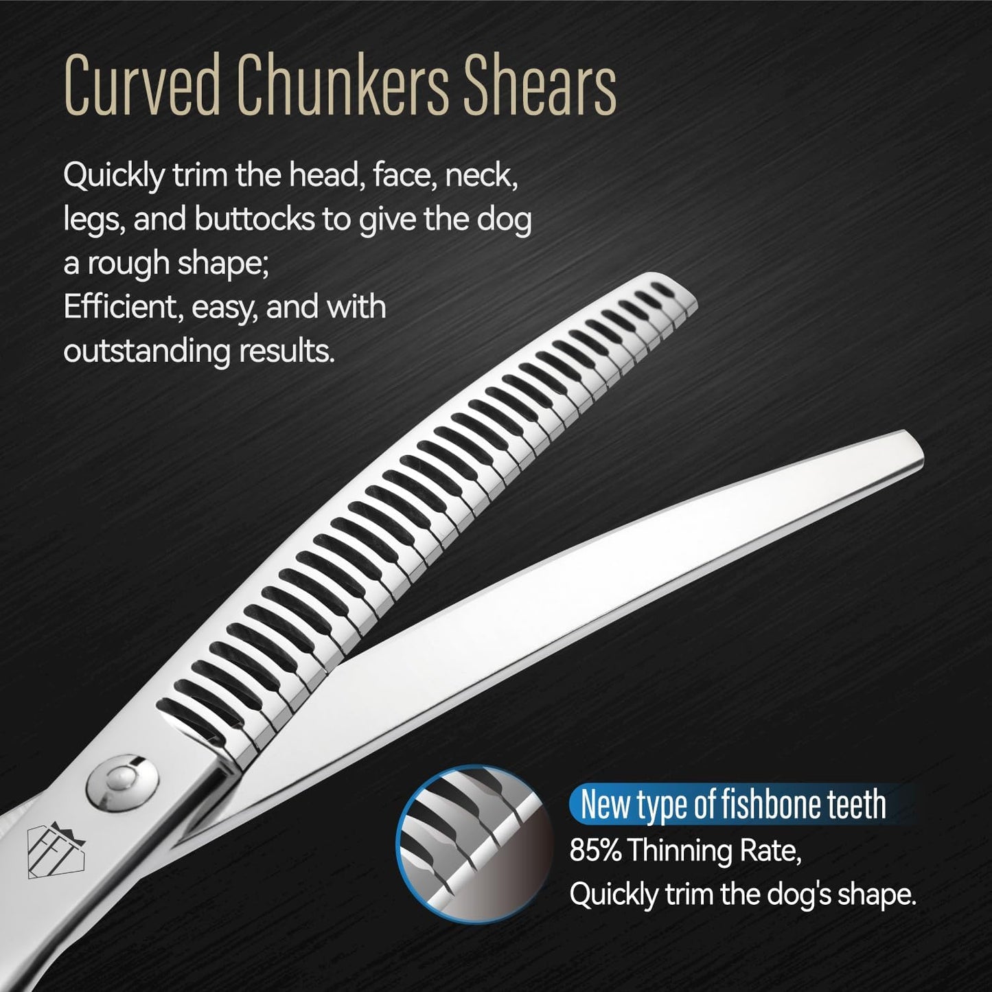 Professional Dog Grooming Scissors, 85% Thinning Rate, 25° Curved Blade, JP440C Steel, 7.0" Ergonomic Handle