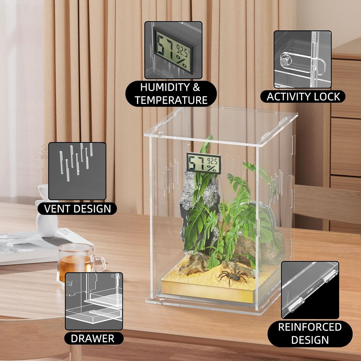 Reptile Terrariums with Temperature Hygrometer, 5.9"x5.9"x9.8" Acrylic Breeding Box Terrarium Cage Tank for Small Reptile Insect Home Office (Arboreal)