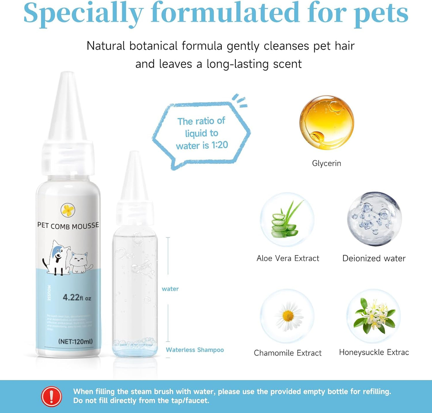 Pet Steam Brush for Dog & Cat – 3-in-1 Spray Hair Removal Comb for Shedding & Grooming – Water Brush for Long & Short Haired Pets – Includes Waterless Shampoo & Dental Wipes