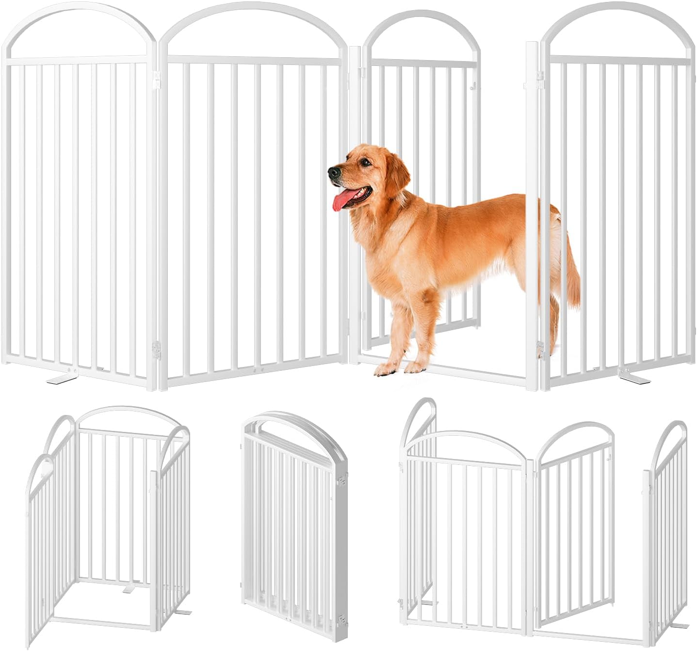 4 Panles Full Matel Freestanding Dog Gates with Door, 96"Extra Wide 36"Tall Free Standing Dog Pet Gate for Indoor & Outdoor. Foldable Pet Fences for Doorways, House, Stairs, Porch, Deck, Yard
