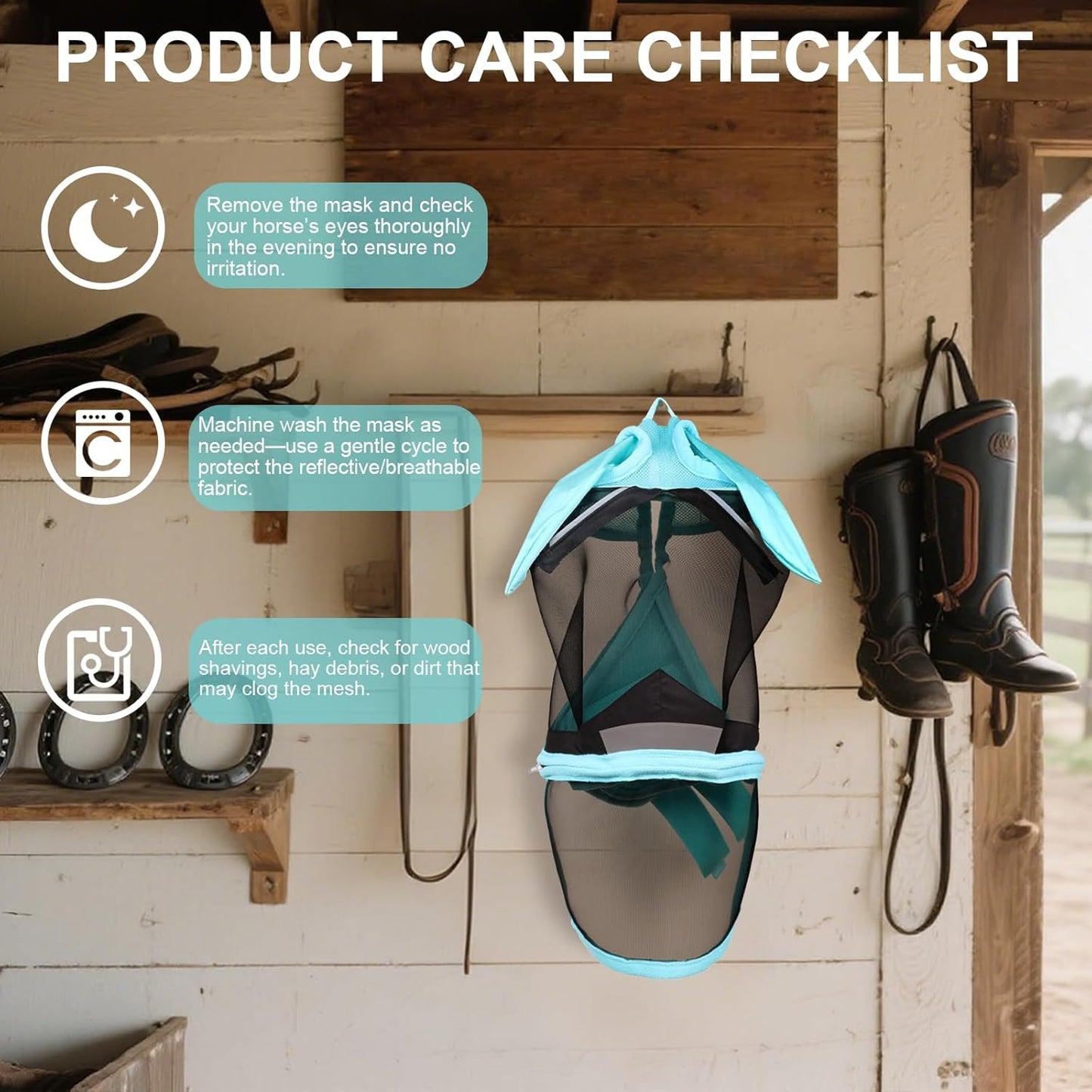 Luminous Horse Fly Mask with Long Nose, Ears, Full Face & Eye Protection - Full Mesh, Detachable Nose Cover, Fleece Padded Edging, Hook-and-Loop Straps with Webbing, Hanging Straps Mint Green