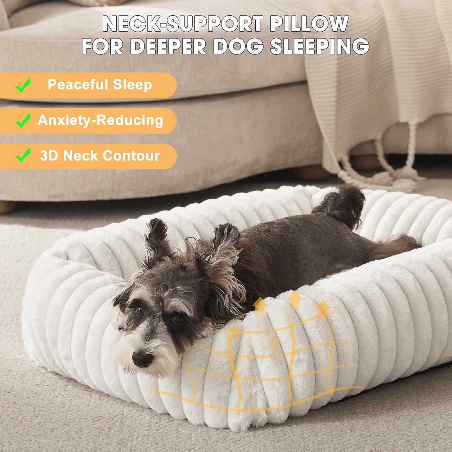 Dog Beds for Small Dogs, Washable Dog Bed with Removable Cover, Rectangle Soft Calming Sleeping Puppy Bed Durable Pet Cuddler with Anti-Slip Bottom, 20"x19"x6" Cream