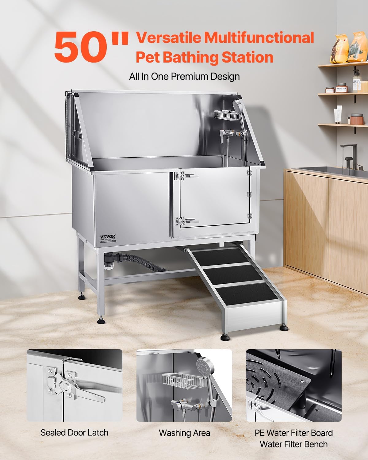 VEVOR Stainless Steel Dog Washing Station, 50 inch Pet Grooming Tub w/Ramp, PE Water Filter Board, Faucet & Showerhead & Soap Holder Dog Bathtub for Large & Medium & Small Pets (Right Door)